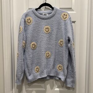 Lola + The Boys Light Blue Smiley Face Crewneck Sweater